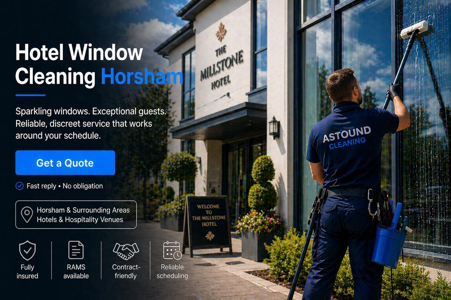 Astound Cleaning operative pure-water-pole window cleaning at hotel property in Horsham — branded uniform, RAMS-compliant access.