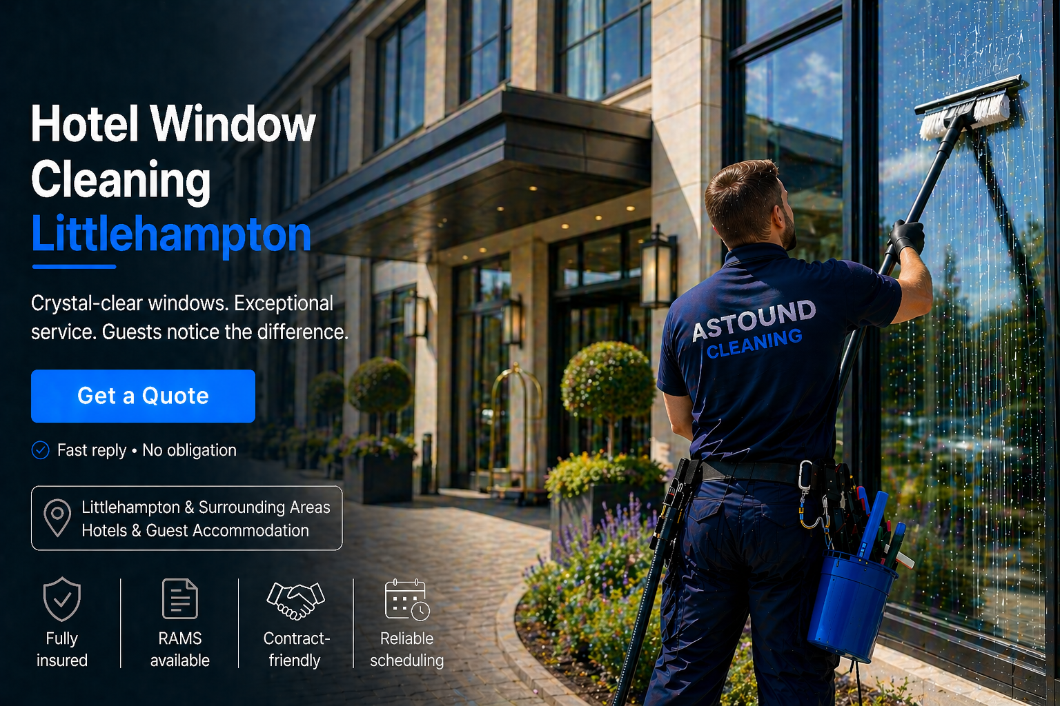 Astound Cleaning operative pure-water-pole window cleaning at hotel property in Littlehampton — branded uniform, RAMS-compliant access.
