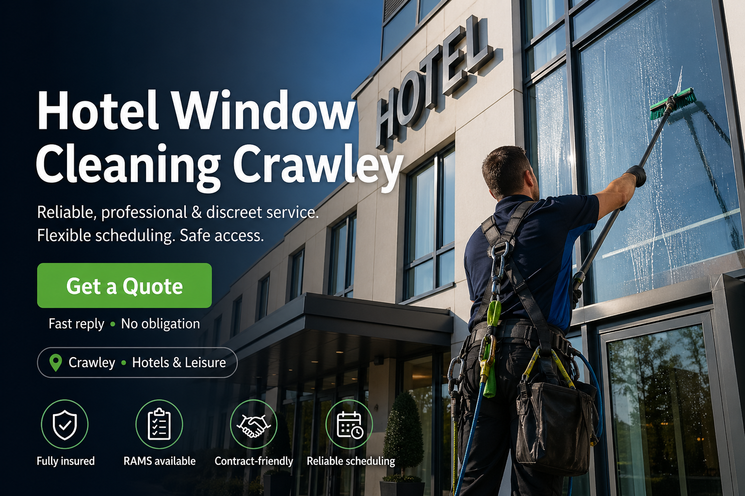 Astound Cleaning operative pure-water-pole window cleaning at hotel property in Crawley &mdash; branded uniform, RAMS-compliant access.