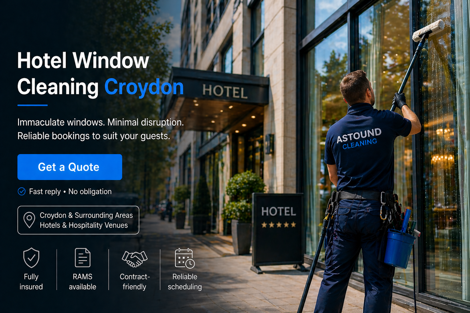 Astound Cleaning operative pure-water-pole window cleaning at hotel property in Croydon — branded uniform, RAMS-compliant access.