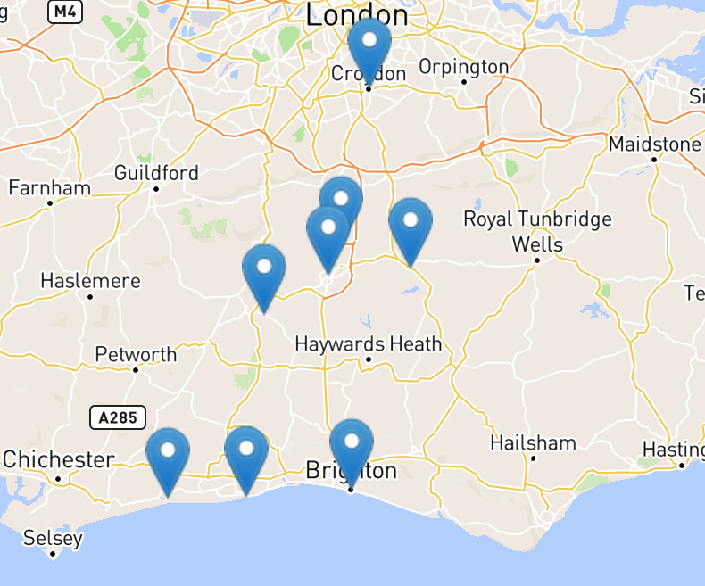 Map with points showing commercial window cleaning locations south London & South East England