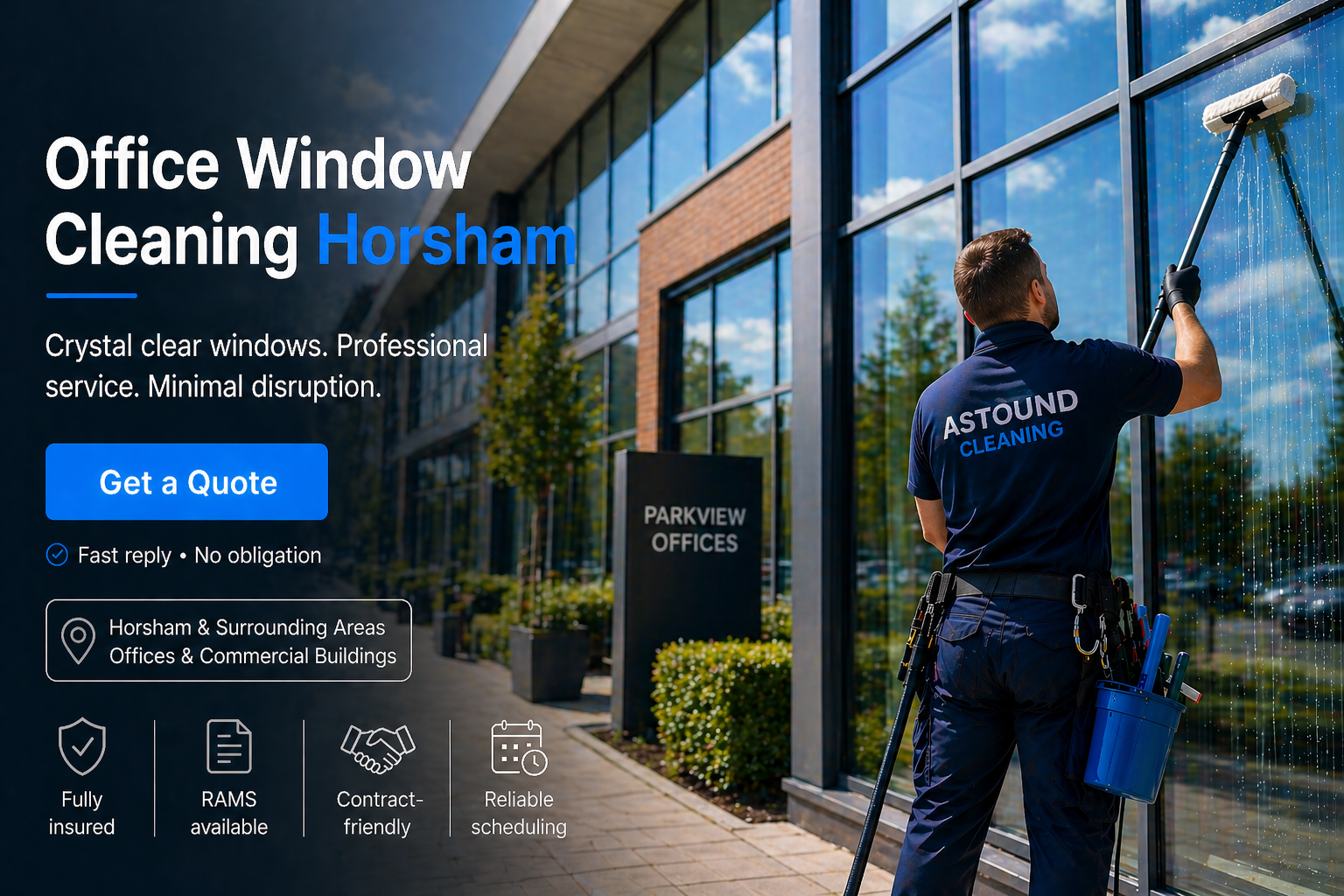 Astound Cleaning operative pure-water-pole window cleaning at office property in Horsham — branded uniform, RAMS-compliant access.