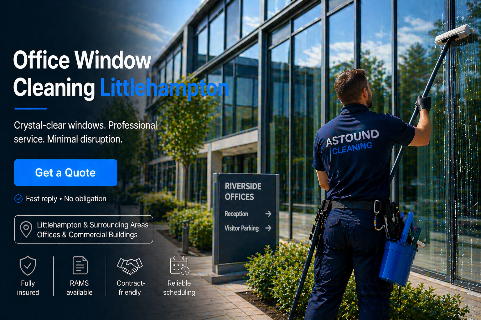 Astound Cleaning operative pure-water-pole window cleaning at office property in Littlehampton — branded uniform, RAMS-compliant access.