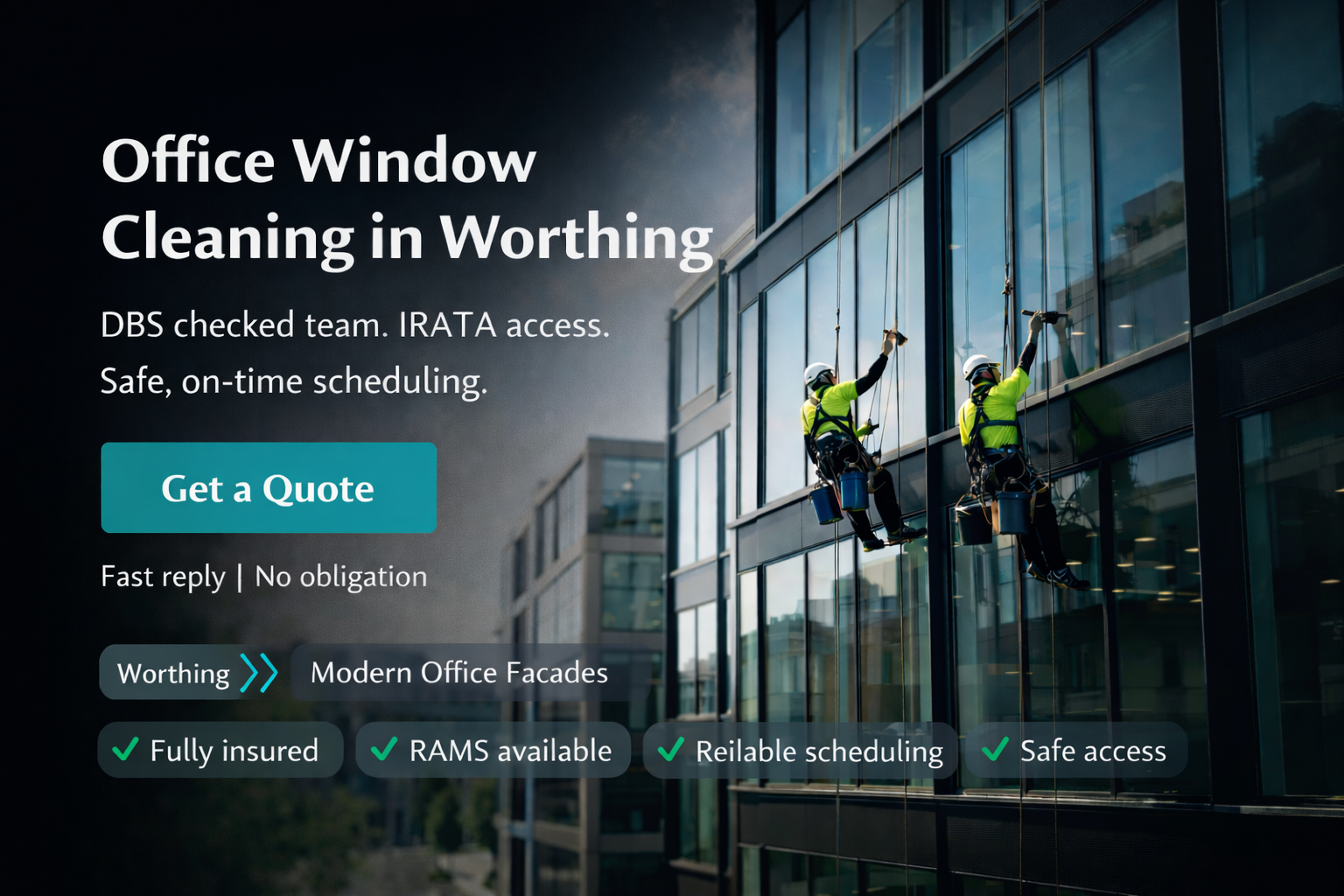 Professional office window cleaning team working on glass facade of modern Worthing business building with DBS-checked certification and IRATA certified access equipment