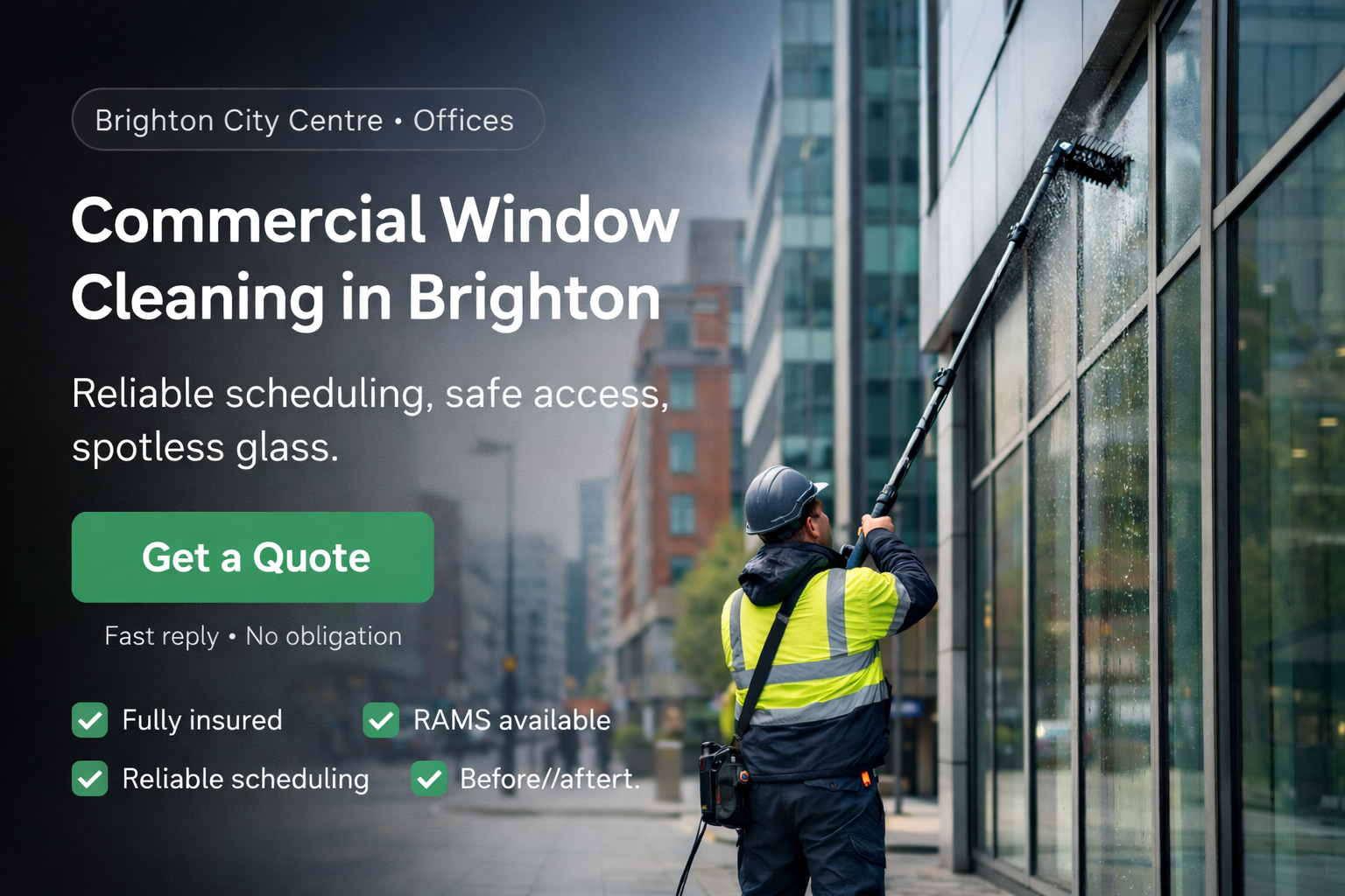 Office building window cleaner using water-fed pole to clean commercial property windows in Brighton city centre business district