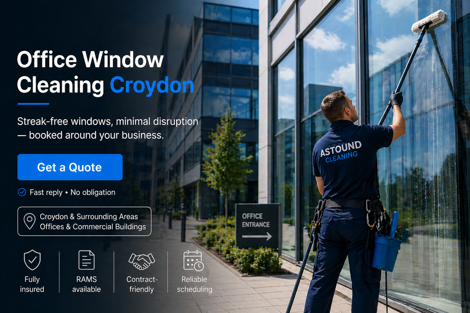 Astound Cleaning operative pure-water-pole window cleaning at office property in Croydon — branded uniform, RAMS-compliant access.