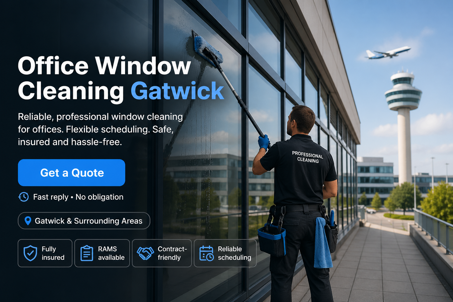 Astound Cleaning operative pure-water-pole window cleaning at office property in Gatwick &mdash; branded uniform, RAMS-compliant access.