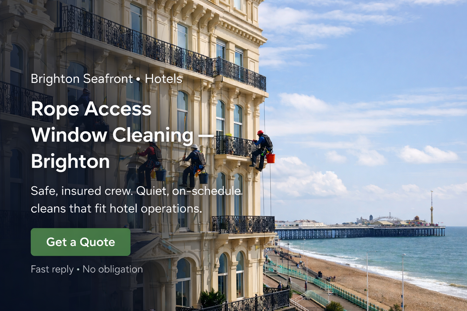 Rope access team professionally cleaning high-level windows on a Brighton seafront hotel facade with regency architecture