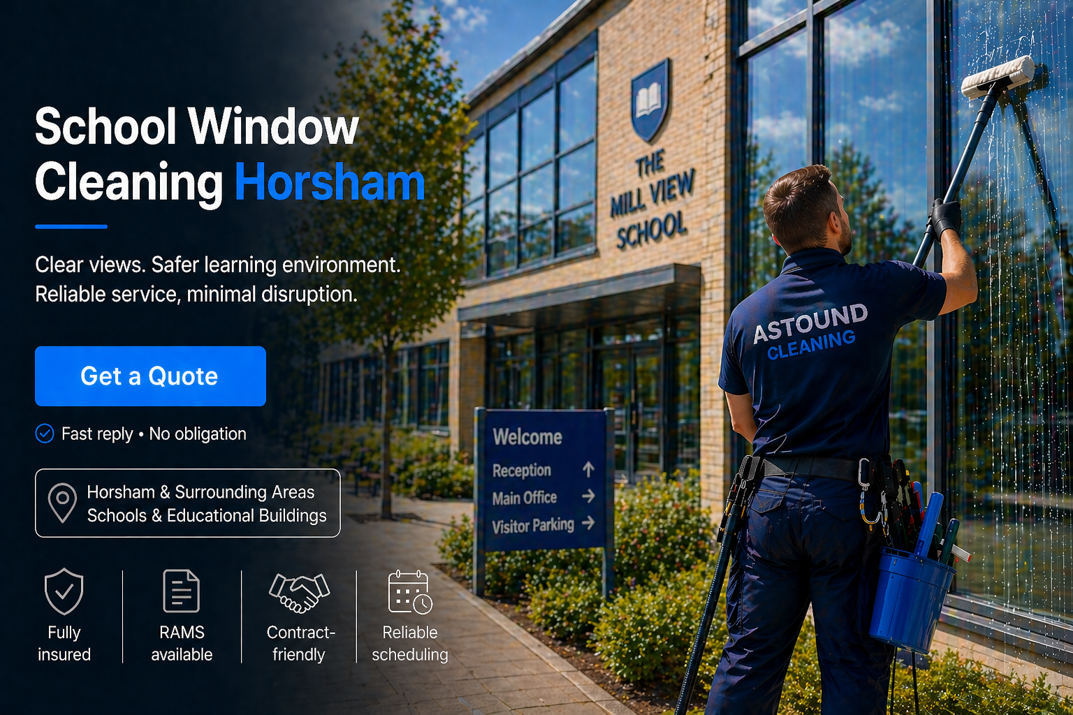 Astound Cleaning operative pure-water-pole window cleaning at school property in Horsham — branded uniform, RAMS-compliant access.