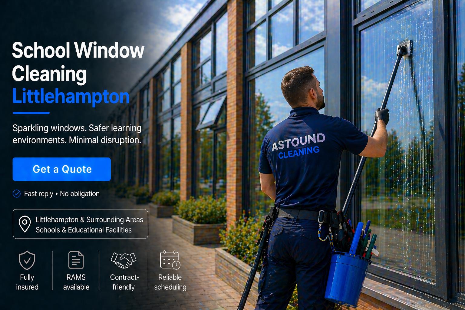 Astound Cleaning operative pure-water-pole window cleaning at school property in Littlehampton — branded uniform, RAMS-compliant access.