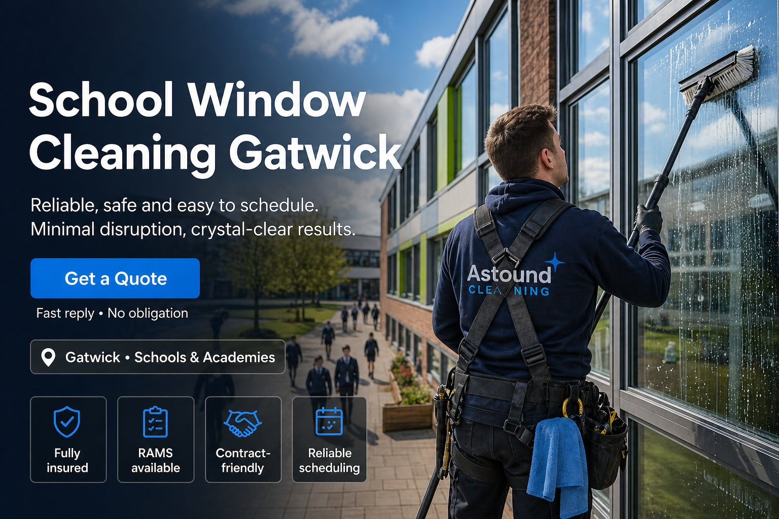 Astound Cleaning operative pure-water-pole window cleaning at school property in Gatwick &mdash; branded uniform, RAMS-compliant access.
