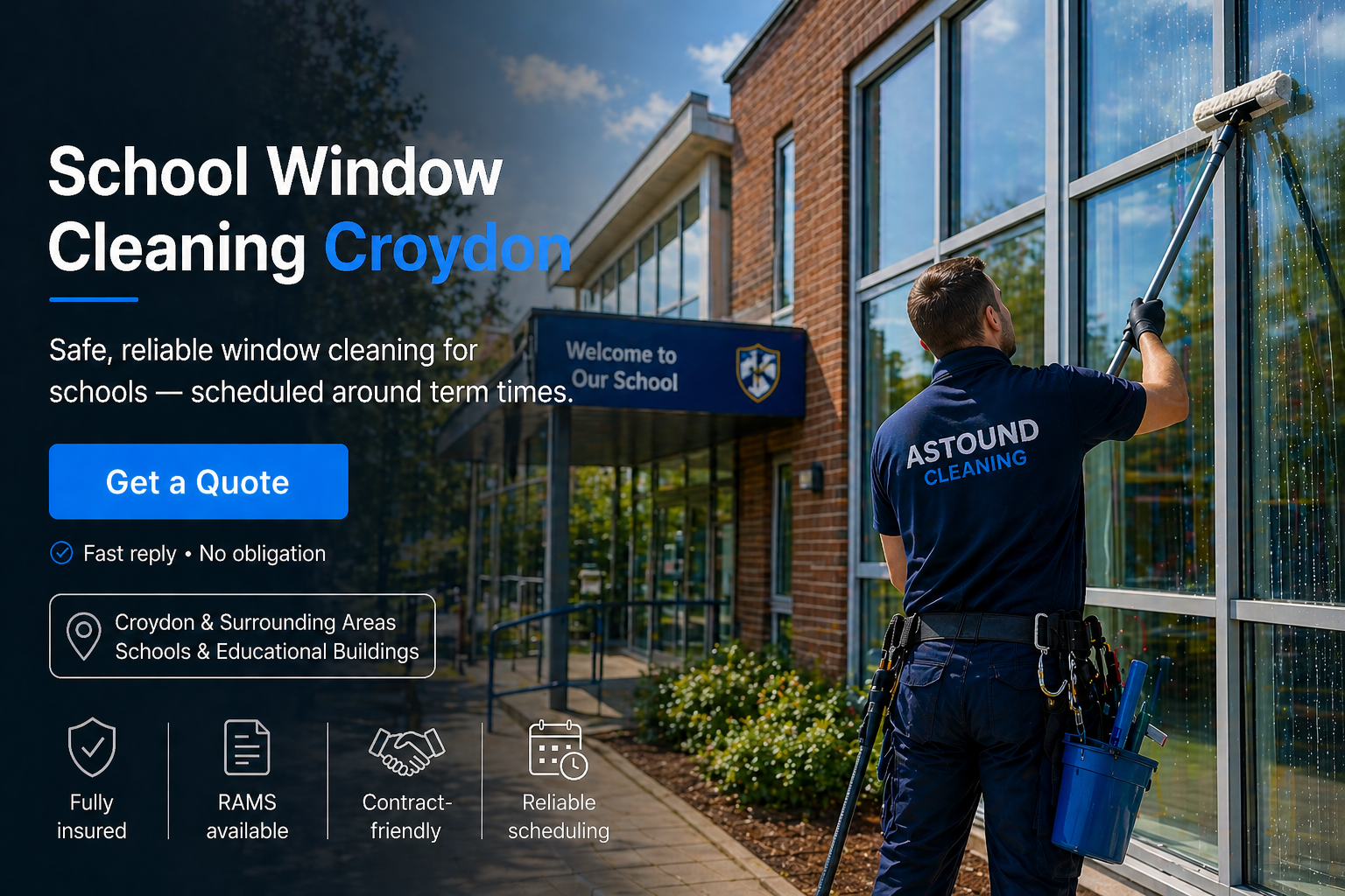 Astound Cleaning operative pure-water-pole window cleaning at school property in Croydon — branded uniform, RAMS-compliant access.