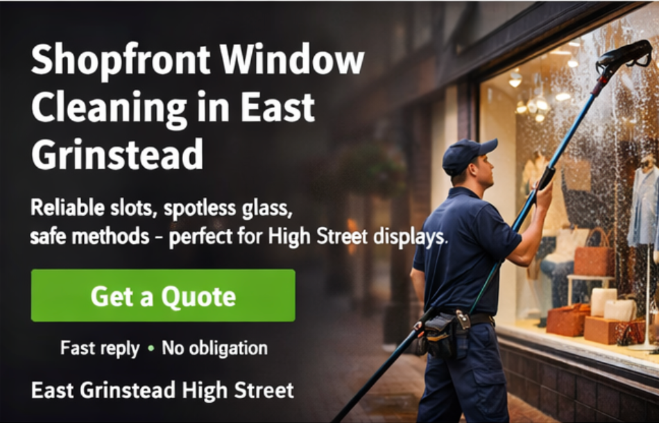 Pristine shopfront window display in East Grinstead High Street retail area