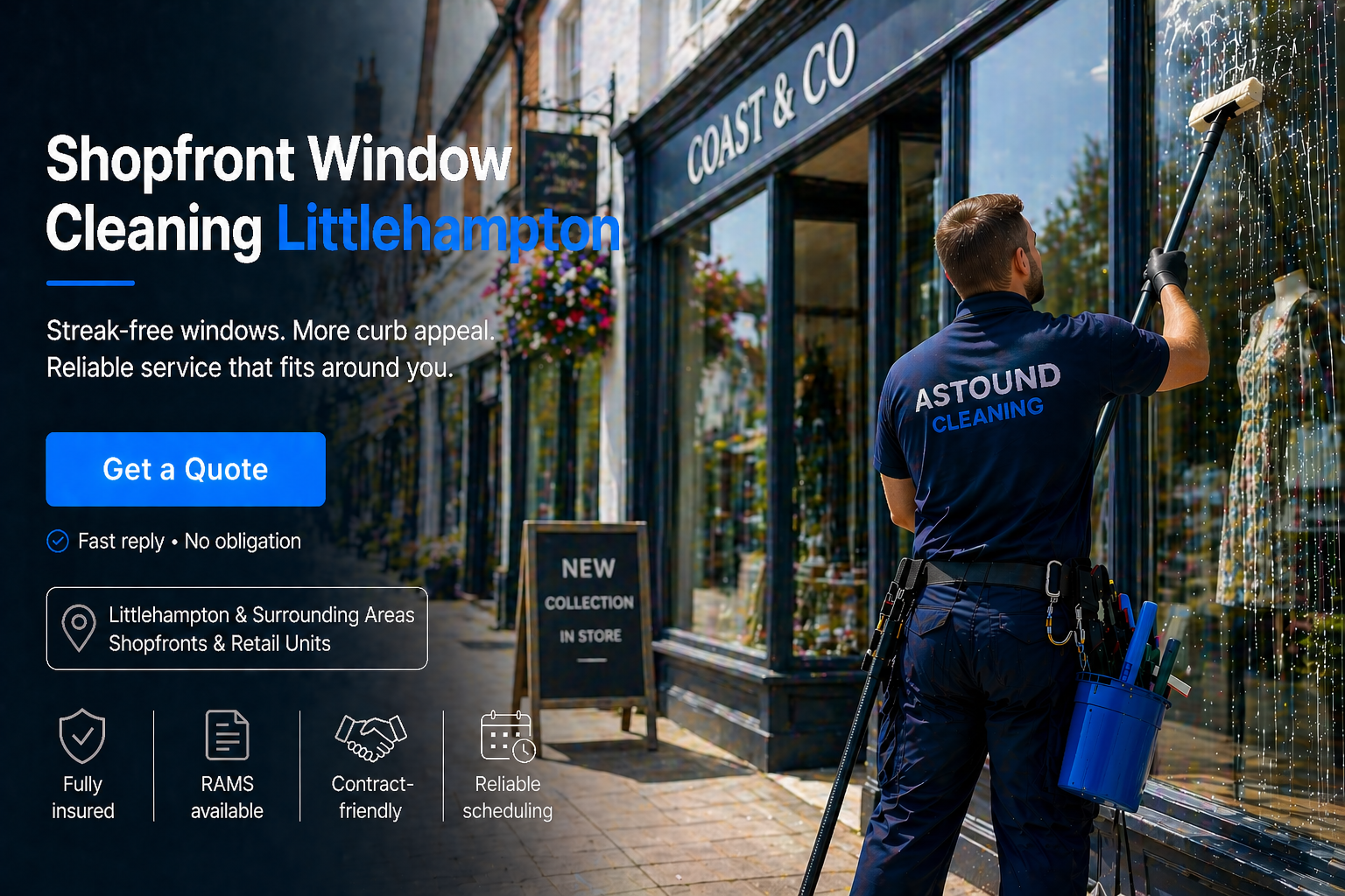 Astound Cleaning operative pure-water-pole window cleaning at shopfront property in Littlehampton — branded uniform, RAMS-compliant access.