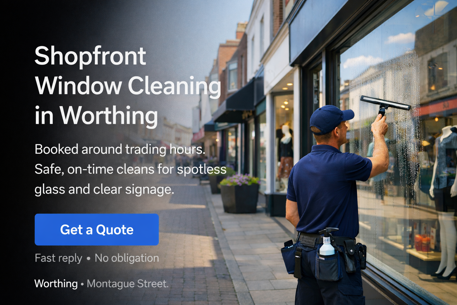 Clean, gleaming shopfront windows in Worthing's Montague Street retail area with professional window cleaning service ensuring pristine glass and signage visibility