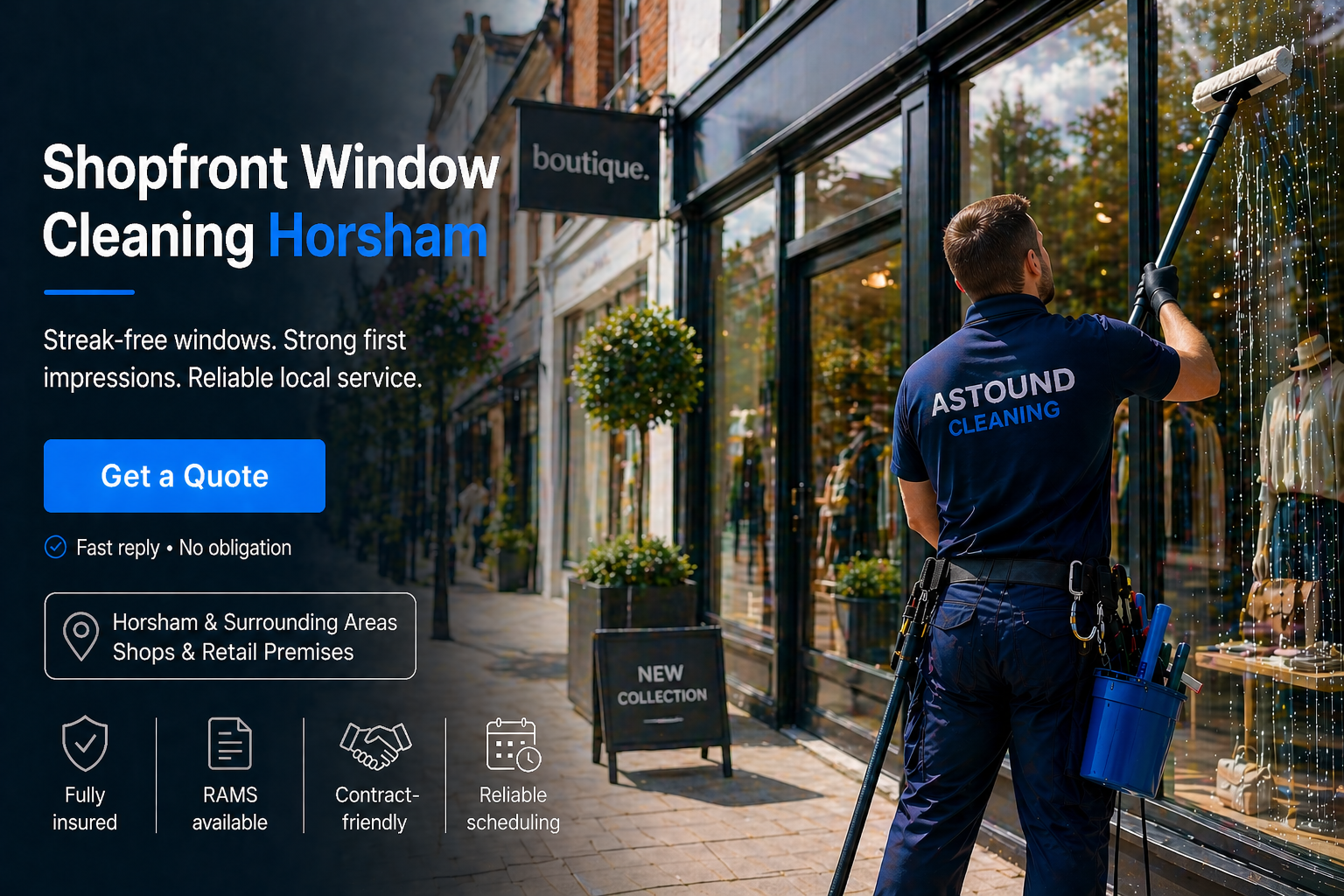 Astound Cleaning operative pure-water-pole window cleaning at shopfront property in Horsham — branded uniform, RAMS-compliant access.
