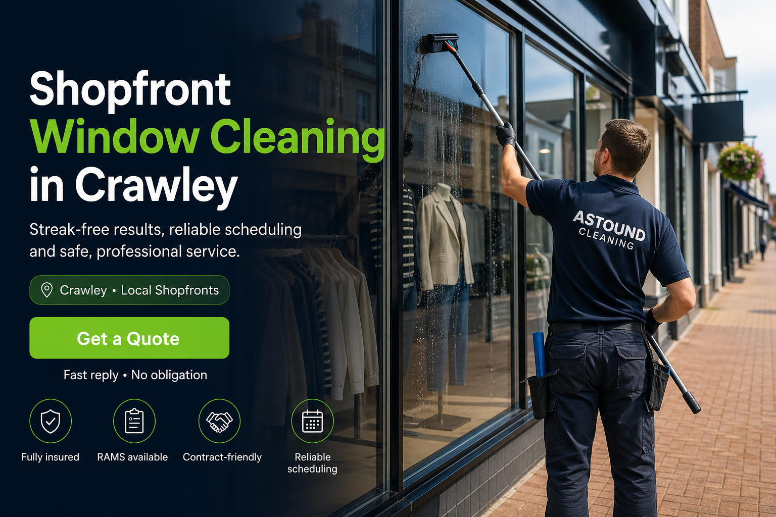 Astound Cleaning operative pure-water-pole window cleaning at shopfront property in Crawley &mdash; branded uniform, RAMS-compliant access.