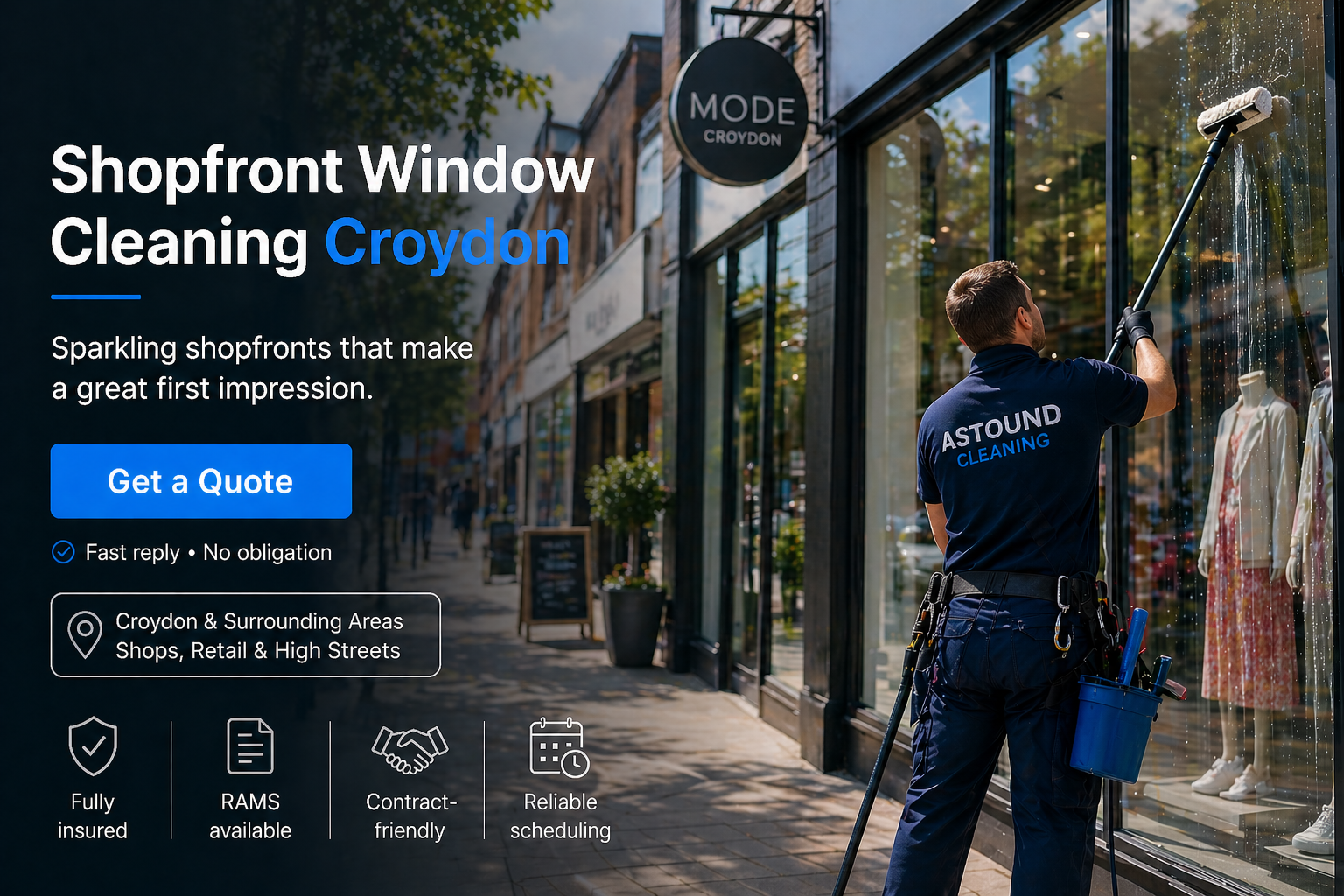 Astound Cleaning operative pure-water-pole window cleaning at shopfront property in Croydon — branded uniform, RAMS-compliant access.