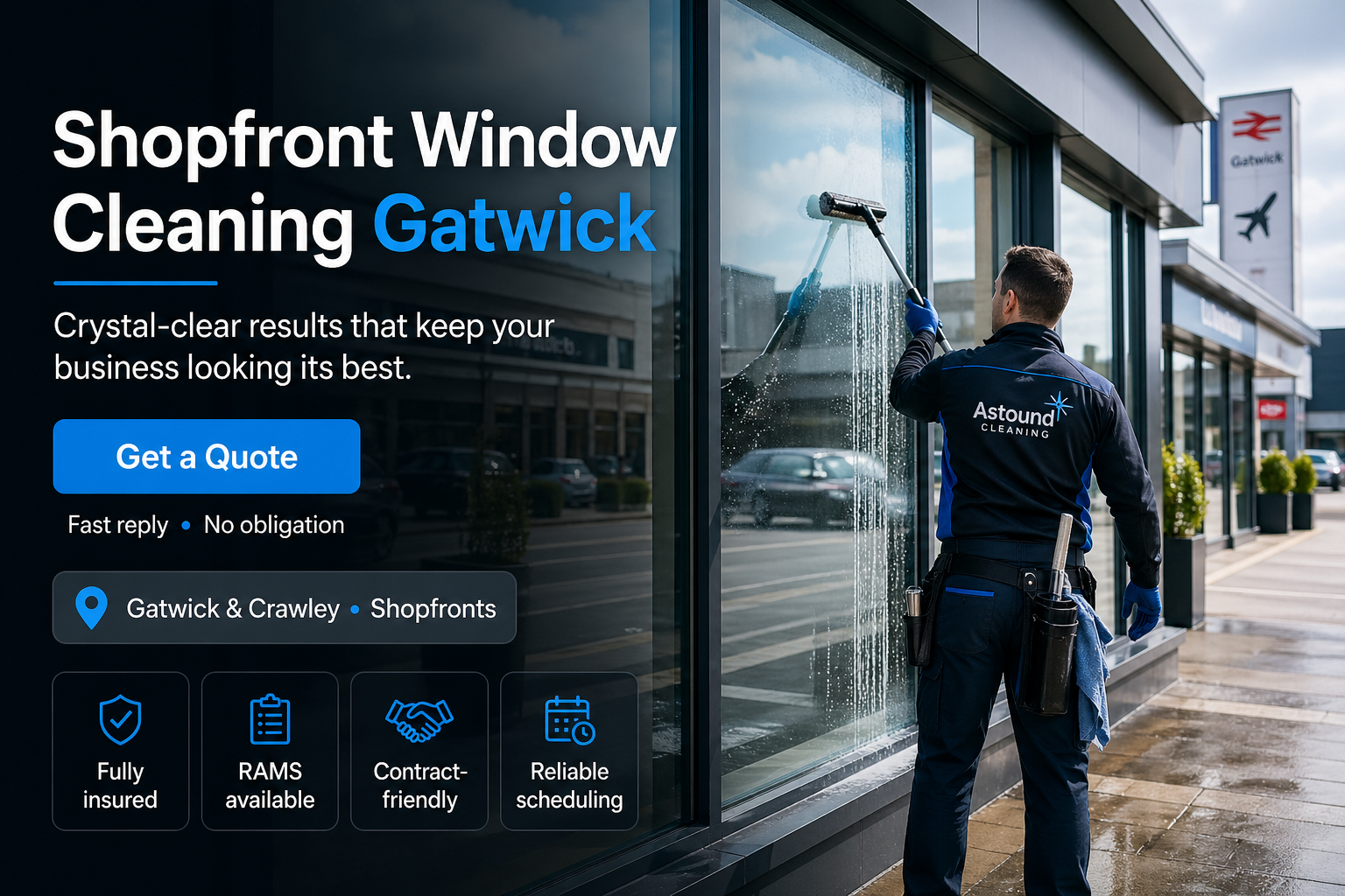 Astound Cleaning operative pure-water-pole window cleaning at shopfront property in Gatwick &mdash; branded uniform, RAMS-compliant access.