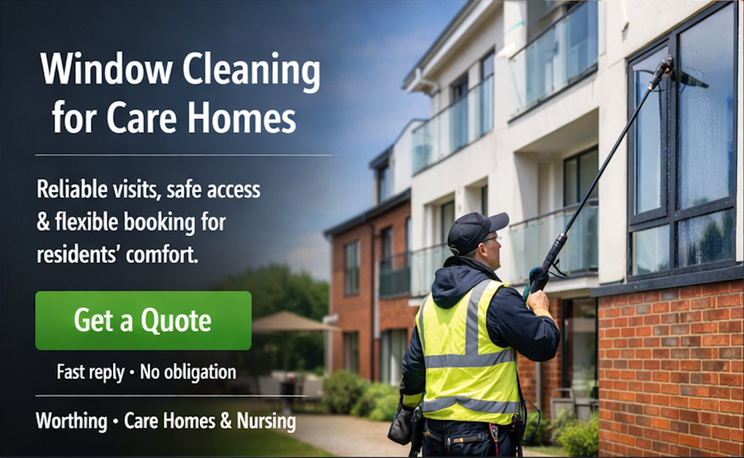 Professional window cleaning at Worthing care home with infection control awareness and sensitivity to vulnerable residents, maintaining healthcare facility standards