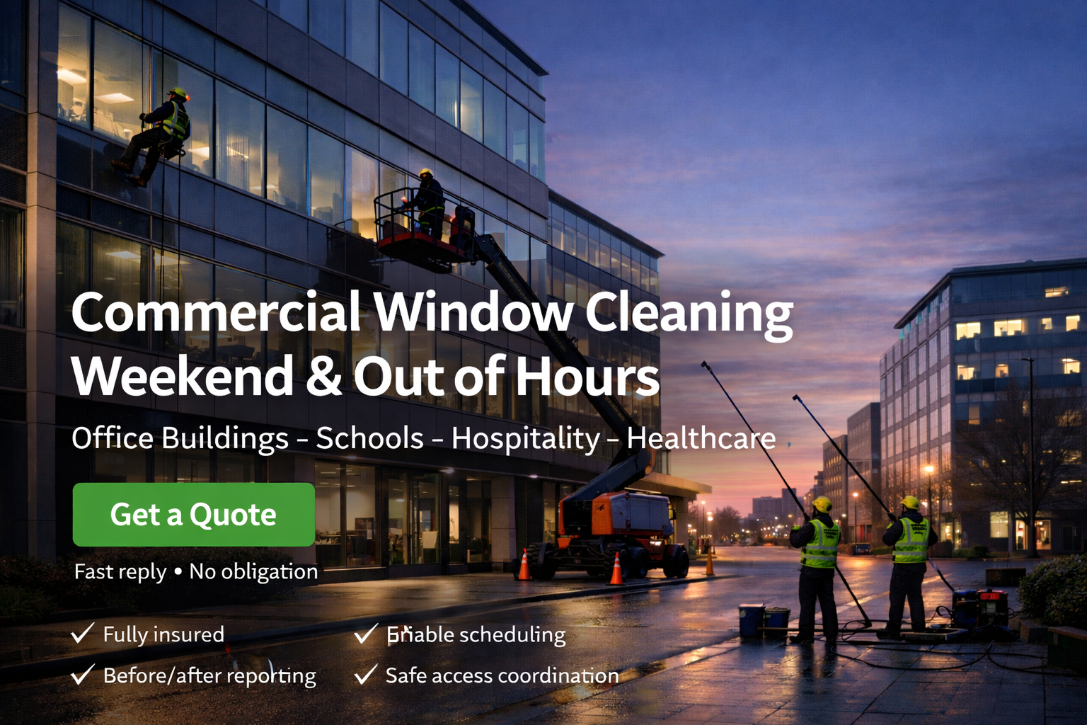 Commercial window cleaning crew working on office building exterior during early morning hours before business operations begin