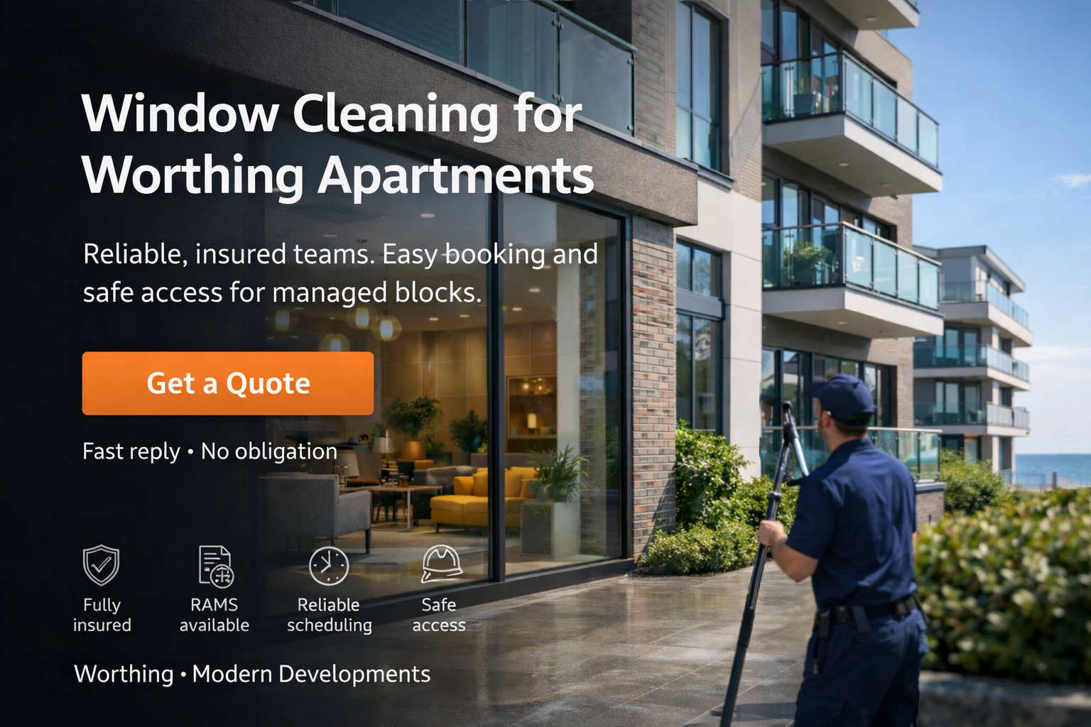 Sparkling clean windows on a modern Worthing apartment development, showing bright entrance lobby and resident-facing glazing through professional window cleaning