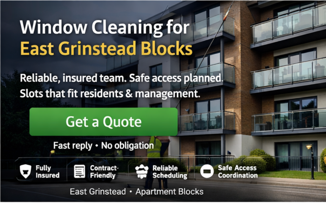 Professional window cleaning of modern apartment block in East Grinstead