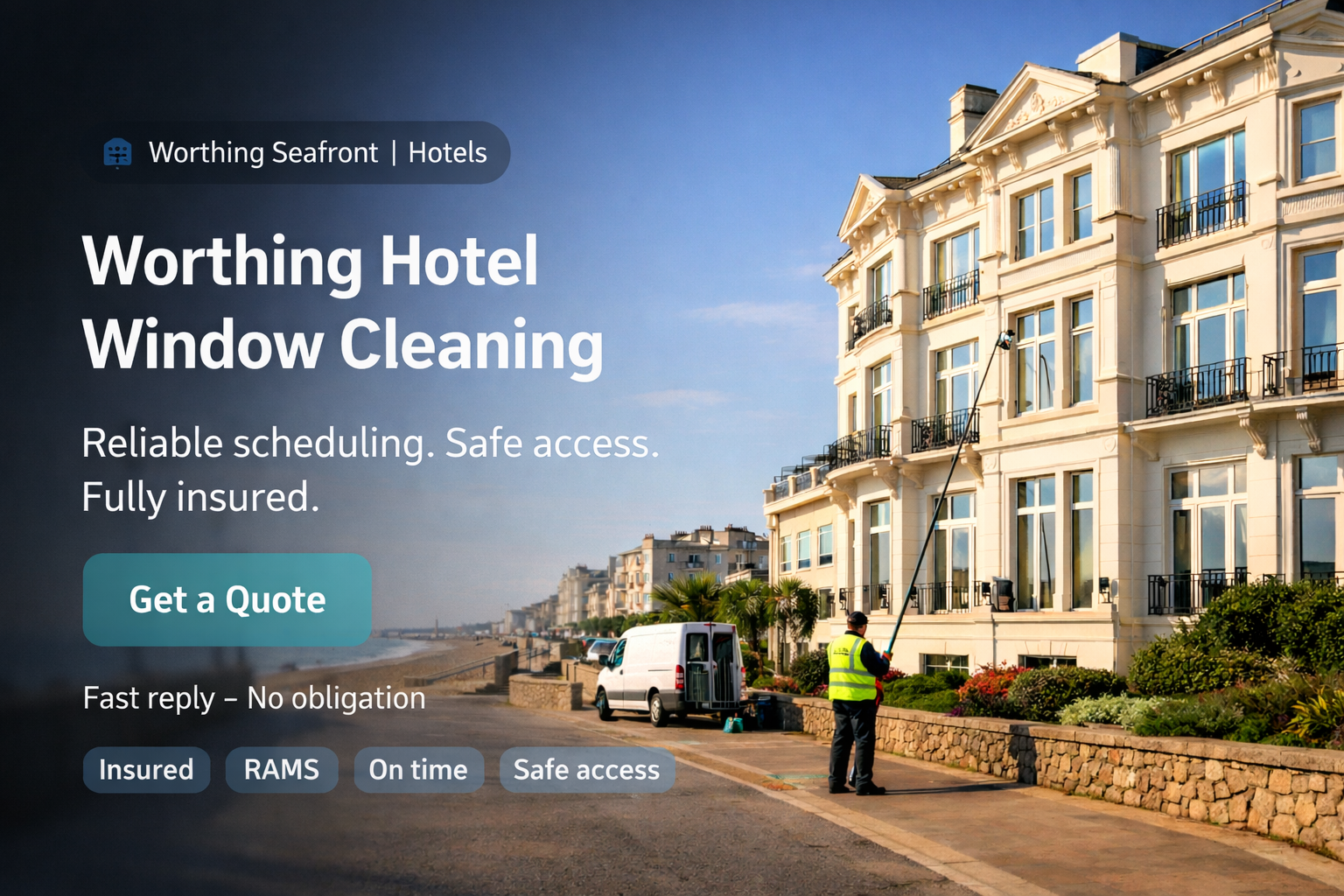 Professionally cleaned windows on elegant Worthing hotel seafront property with Regency architecture, serving guests and maintaining hospitality standards