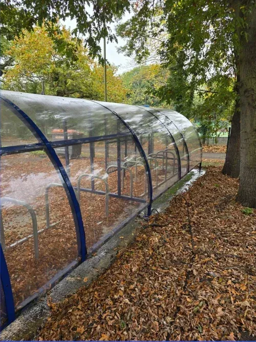 Covered bike rack in a park, surrounded by fallen autumn leaves.