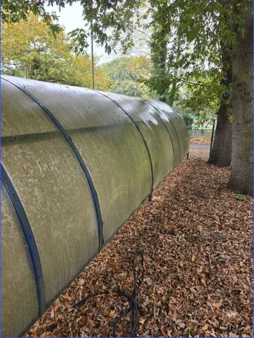 A long, curved, tunnel-like structure alongside trees and fallen leaves, possibly a walkway.