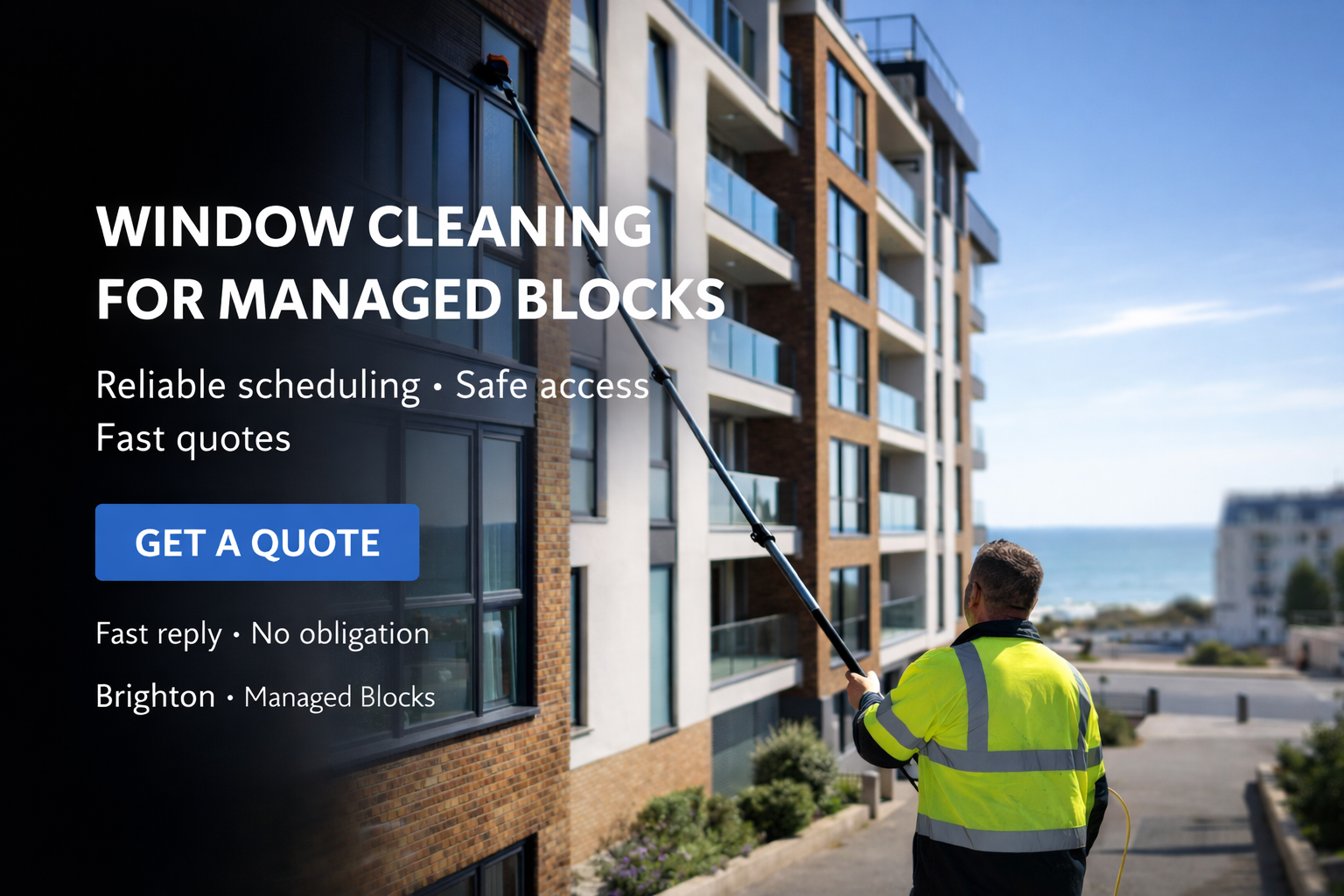 Window cleaner using a water-fed pole to clean windows on a managed apartment block in brighton
