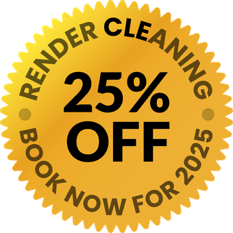 A sticker that says render cleaning 25 % off book now for 2025