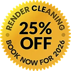 Gold badge for 25% Render Cleaning Offer ideal for business facade cleaning