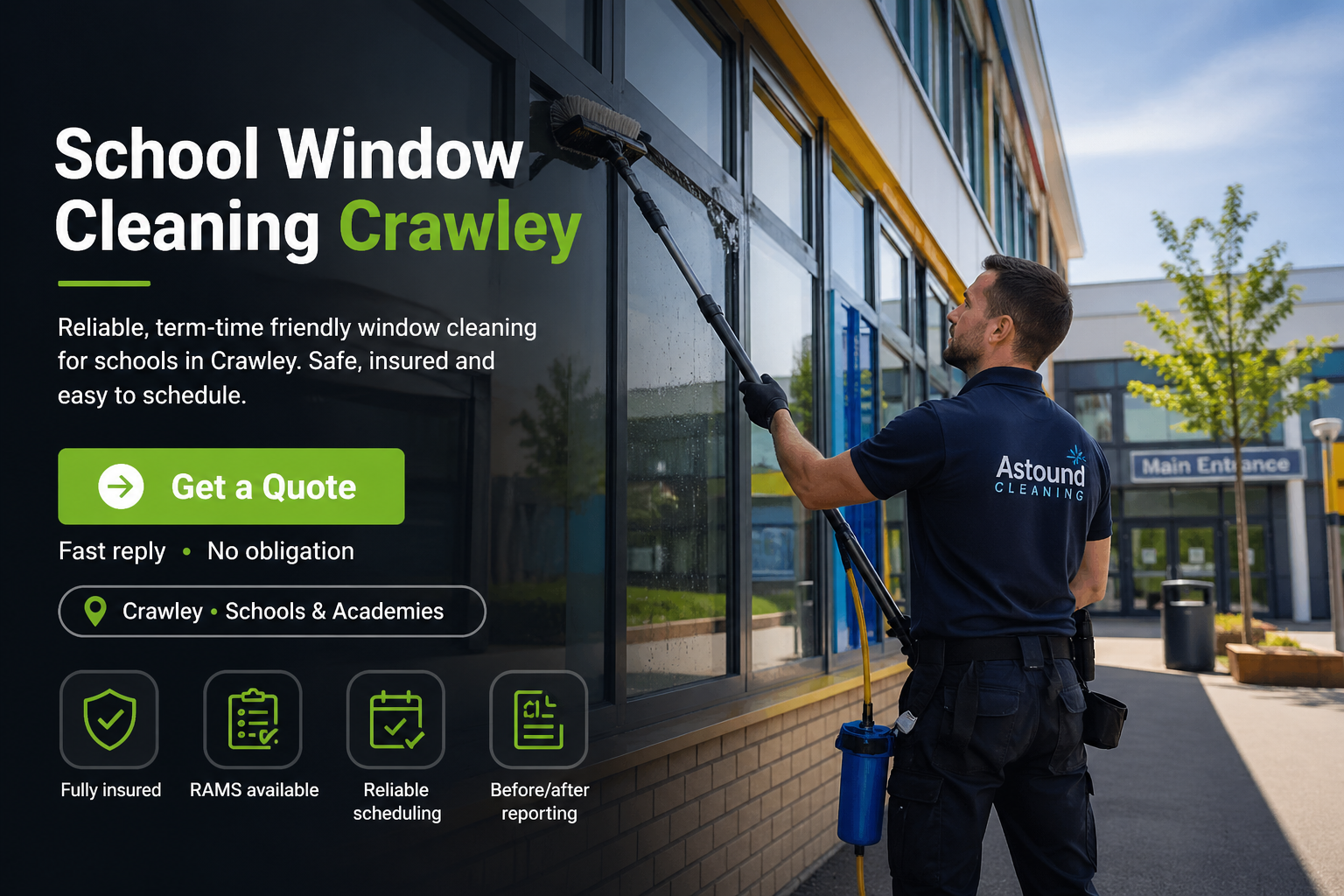 Astound Cleaning operative pure-water-pole window cleaning at school property in Crawley &mdash; branded uniform, RAMS-compliant access.