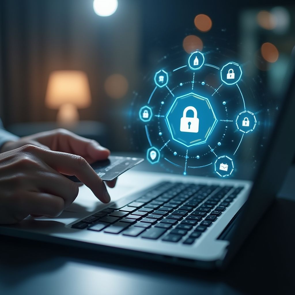 Person using a laptop with a credit card, digital security icons overlaying the screen.