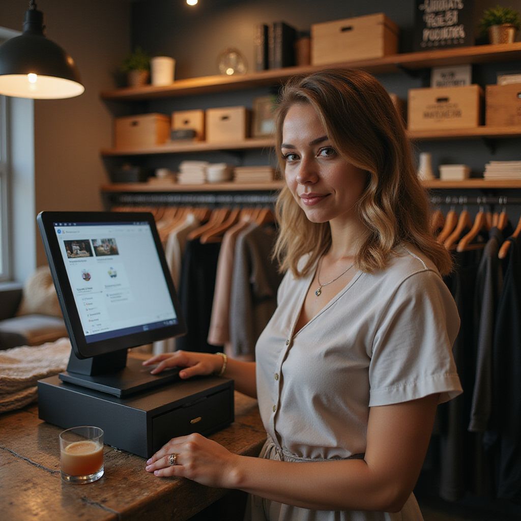 Woman smiling behind a retail counter, operating a point-of-sale system in a clothing store.