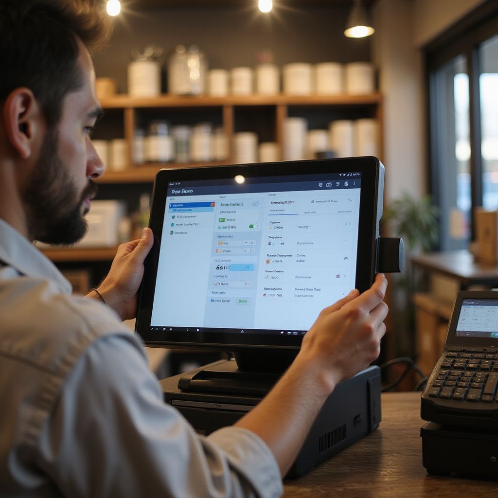 Man using a point-of-sale system at a checkout counter, holding the touch screen and looking at the display.