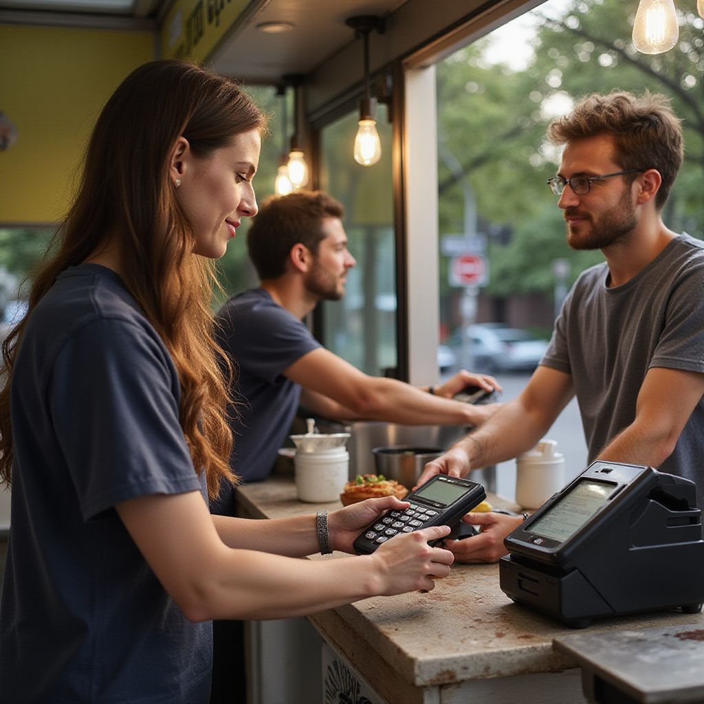 Woman paying at food truck, man handing payment device. Another worker in background.