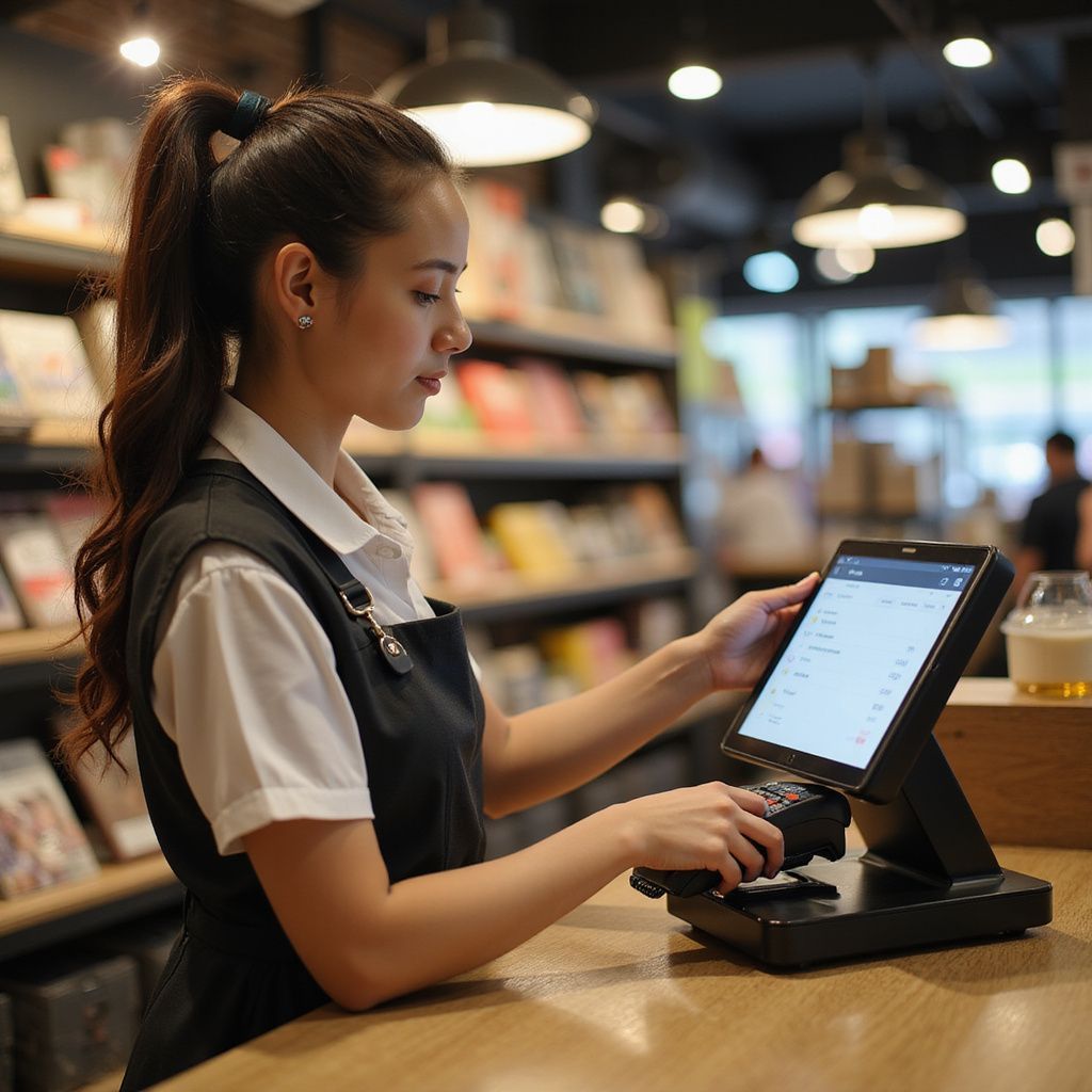 Woman in uniform using a touchscreen point-of-sale system in a bookstore.