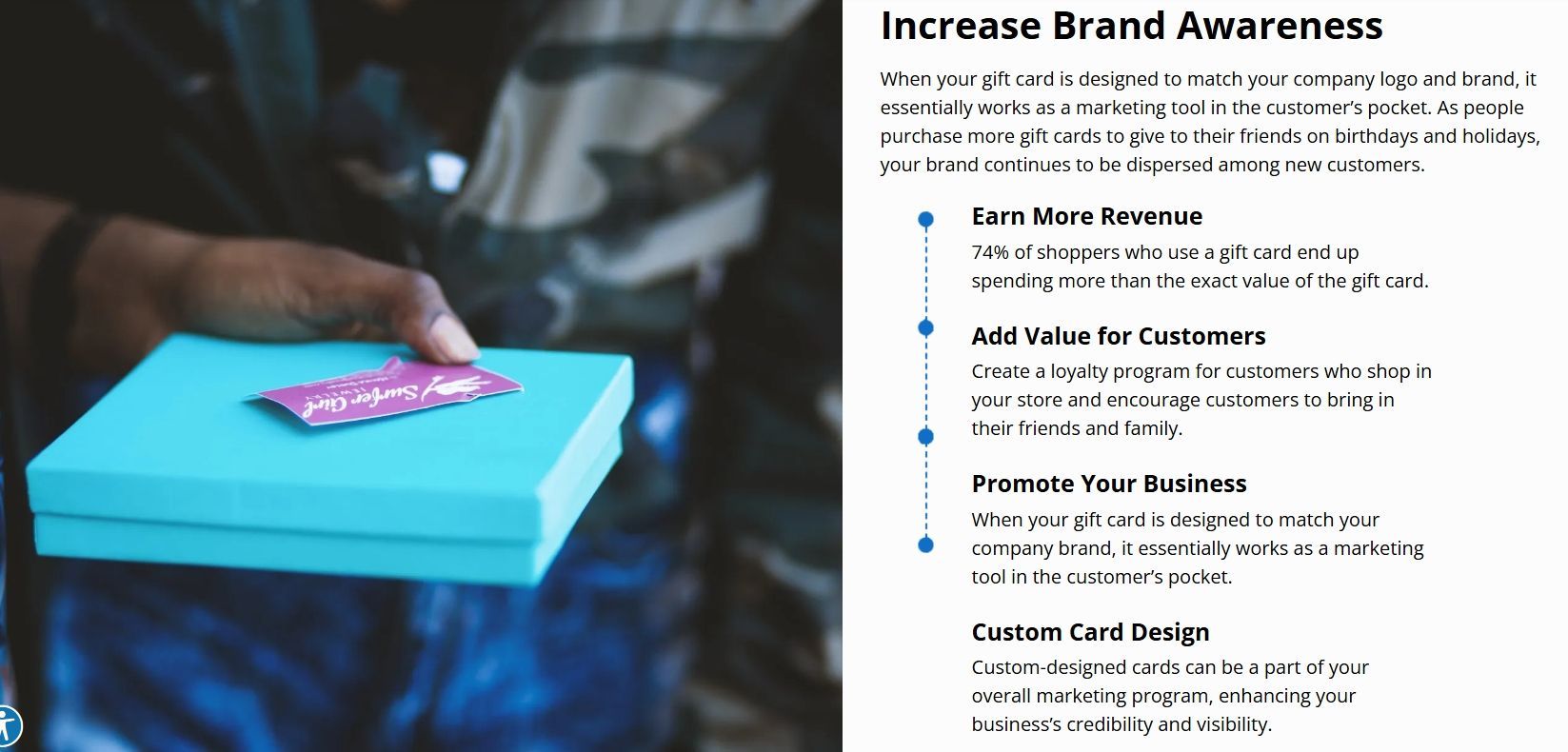 A person holding a light blue box with a pink label. Text on right side: Increase Brand Awareness.