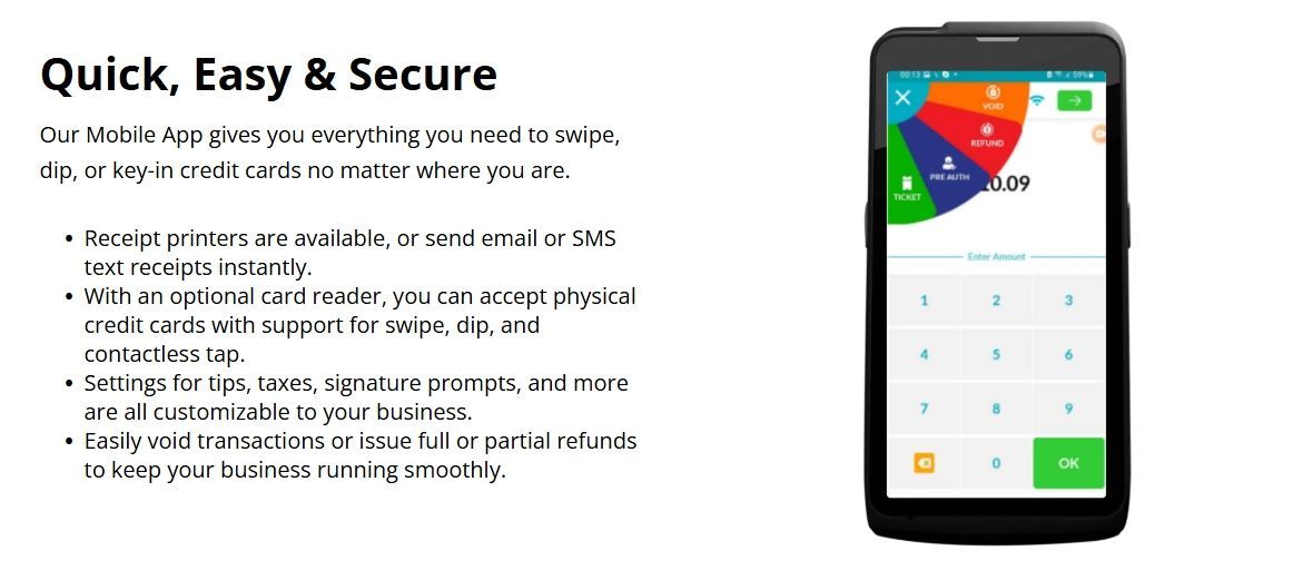 A smartphone screen with a pie chart interface and keypad; text to the left states 