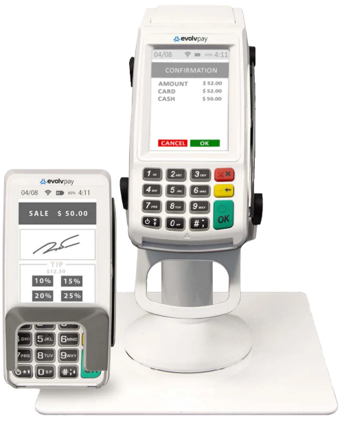 Two white point-of-sale machines, one with a screen showing a transaction summary and the other displaying a signed receipt.