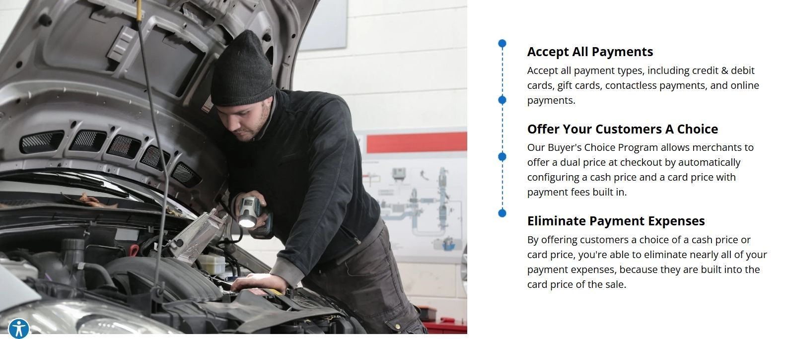 Mechanic working on a car engine under the open hood, holding a light, with text alongside the image.