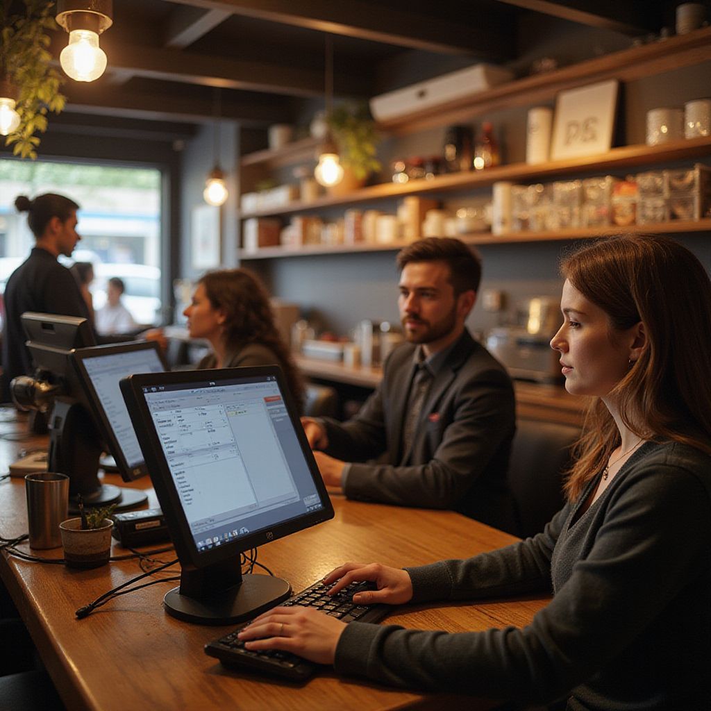 People using computers at a cafe counter. A woman types, others look on. Cafe setting with shelves and a barista.