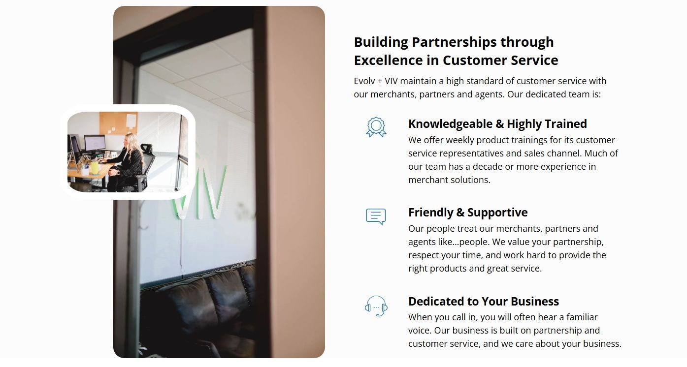 An office interior with text on customer service and an inset photo of someone at a computer.