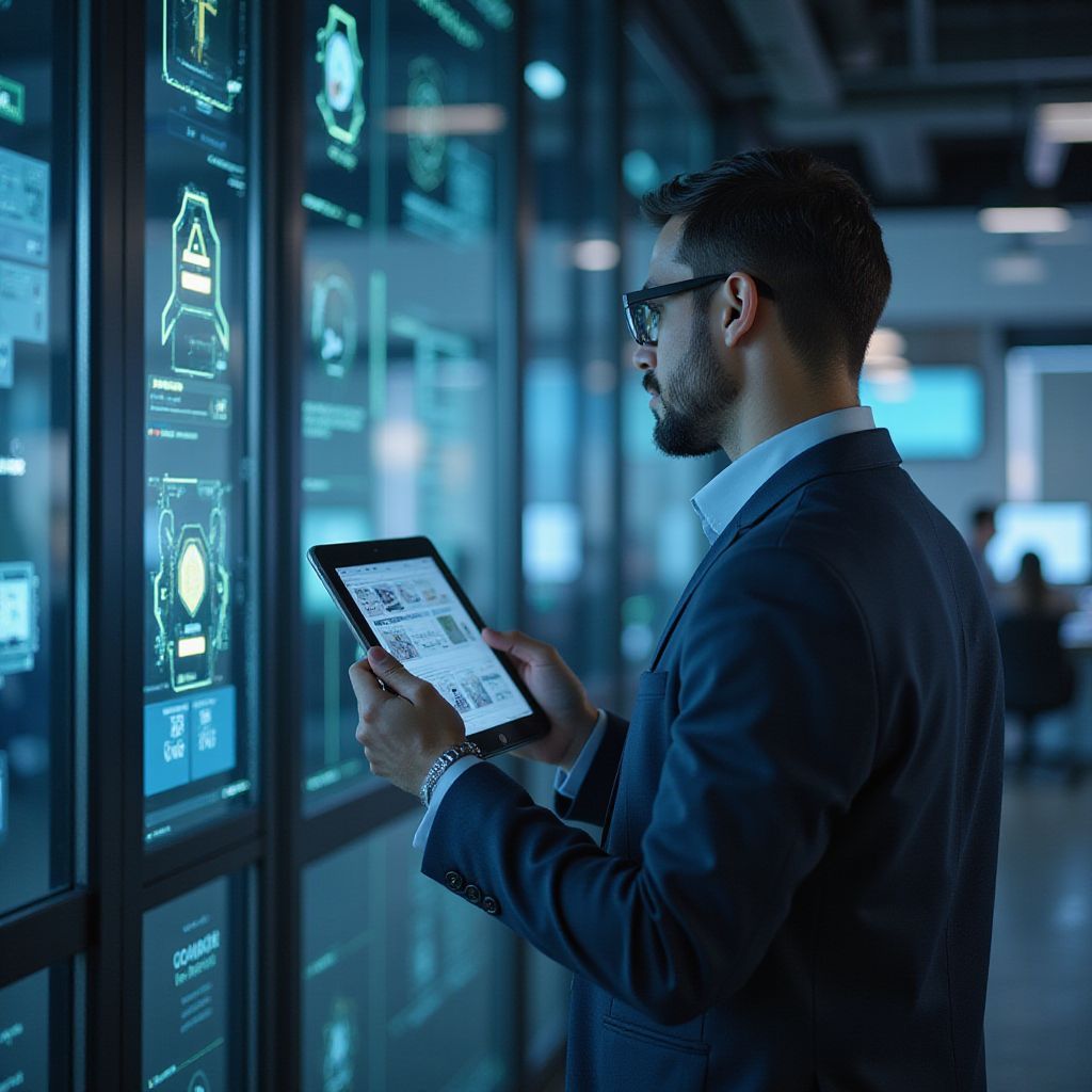 Man in suit looks at tablet in front of digital displays, inside a tech-filled office.