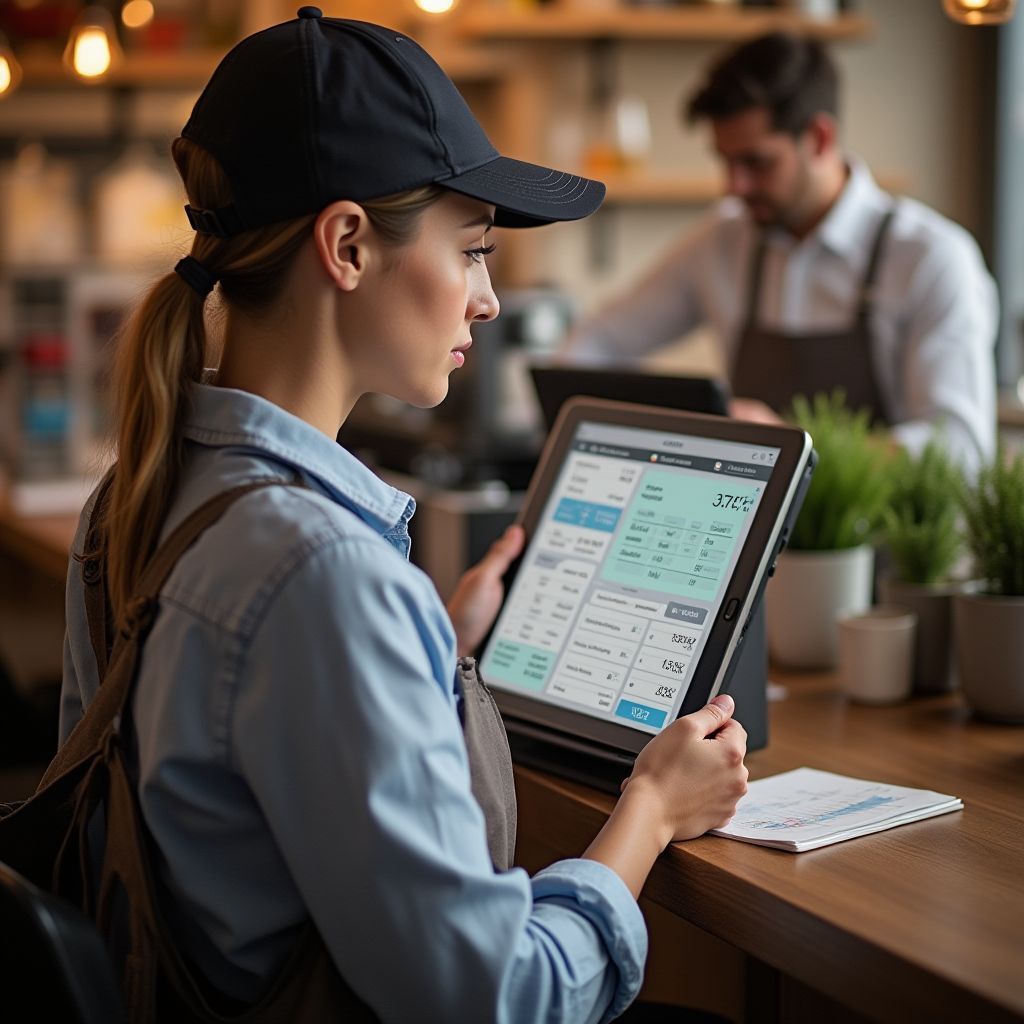 Woman in cafe, using a tablet POS system. Another person works in background.