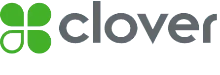 Clover logo: Green clover icon with "clover" text in gray.