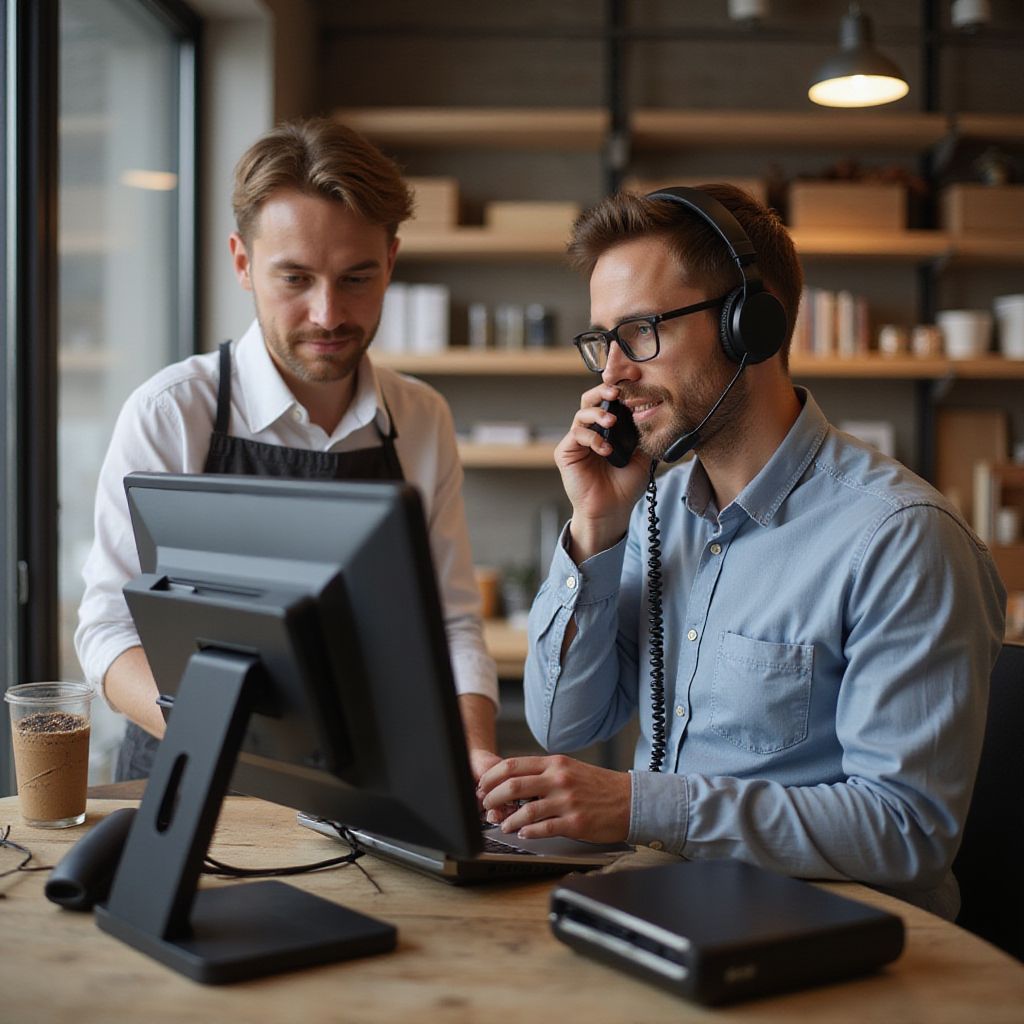 Two men at a computer in a cafe. One on the phone, wearing a headset, the other looking at the screen.