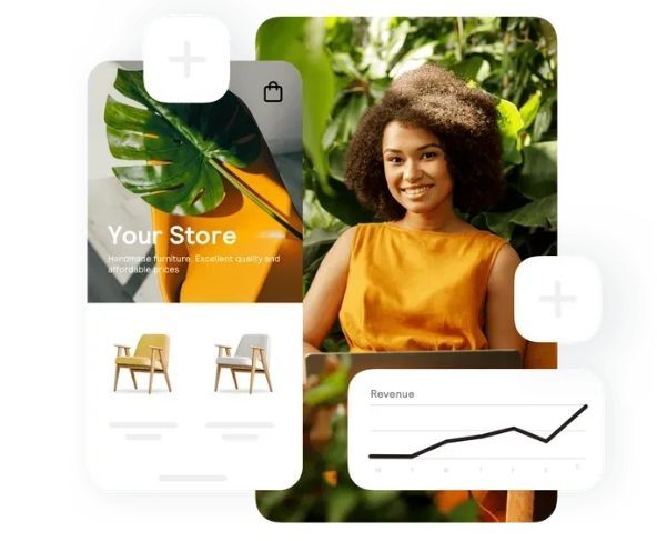 Woman with laptop smiles, surrounded by ecommerce graphics: store interface, product samples, and revenue chart.